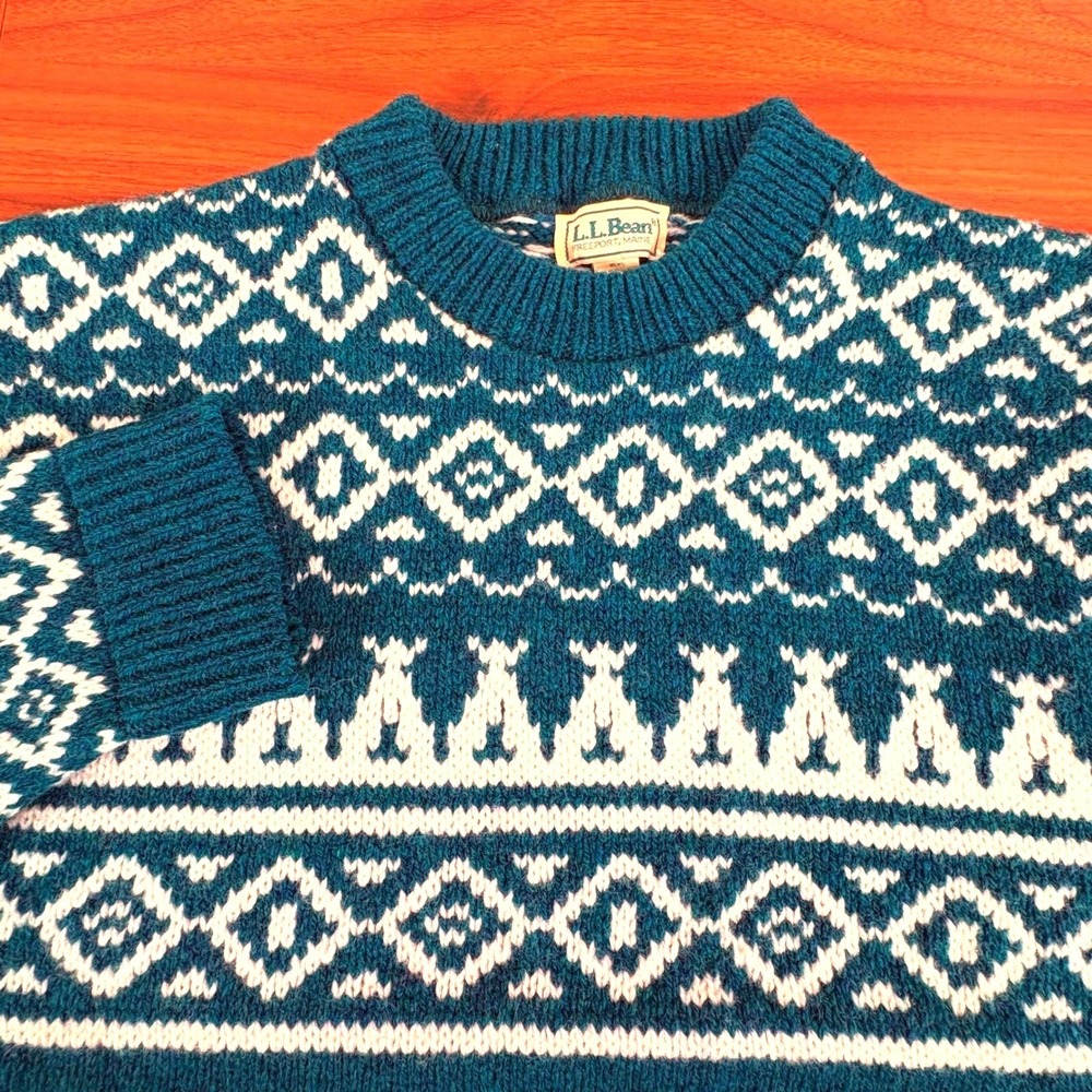 L.L.Bean Mens 80s VTG Fair Isle Wool Sweater L Teal Green White Nordic USA Made